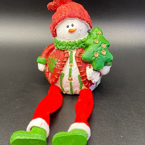 Christmas Snowman Figurine Shelf Sitter Red Sweater & Hat Green Scarf - Picture 4 of 11